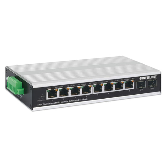Intellinet Industrial 8-Port Gigabit Ethernet PoE+ Switch with 2 SFP Ports, 508261