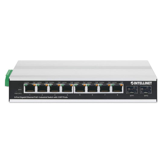 Intellinet Industrial 8-Port Gigabit Ethernet PoE+ Switch with 2 SFP Ports, 508261