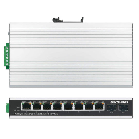 Intellinet Industrial 8-Port Gigabit Ethernet PoE+ Switch with 2 SFP Ports, 508261