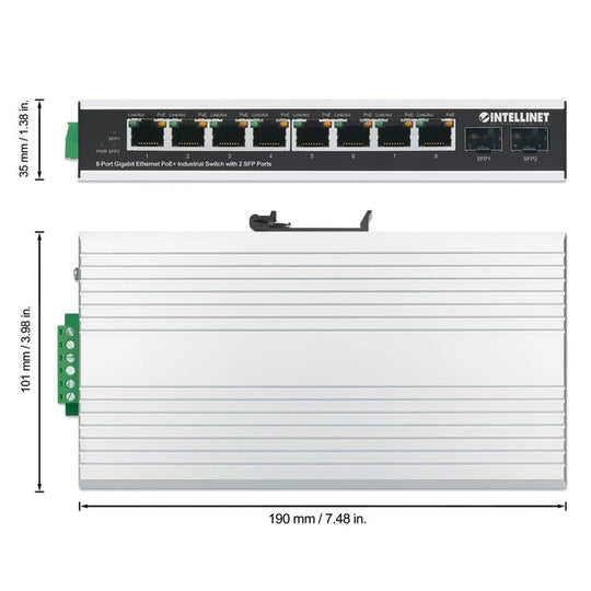 Intellinet Industrial 8-Port Gigabit Ethernet PoE+ Switch with 2 SFP Ports, 508261