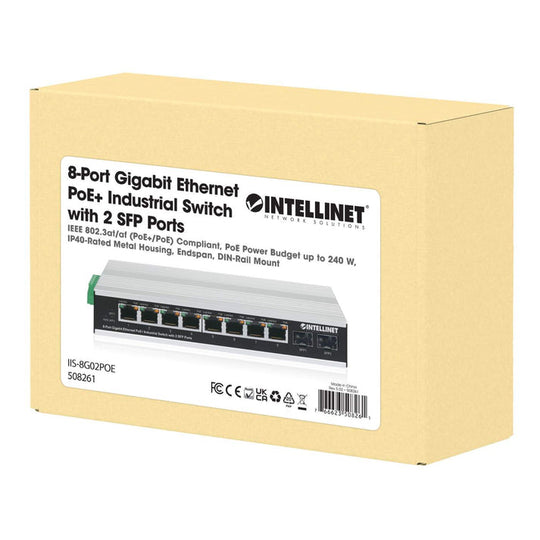Intellinet Industrial 8-Port Gigabit Ethernet PoE+ Switch with 2 SFP Ports, 508261