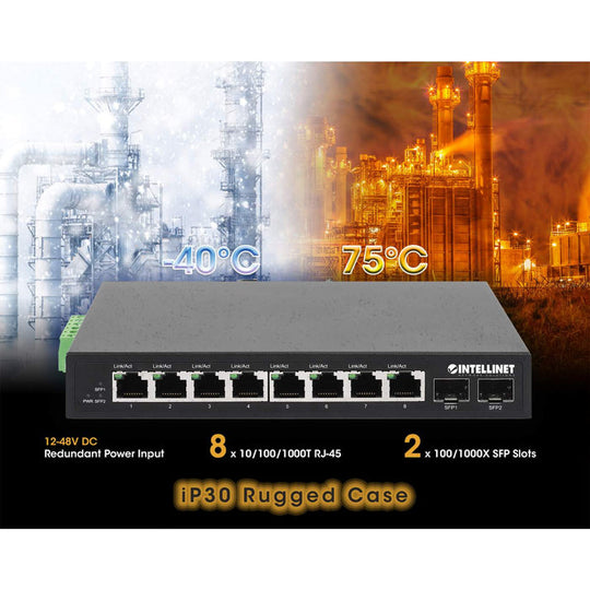 Intellinet Industrial 8-Port Gigabit Ethernet Switch with 2 SFP Ports, 508827