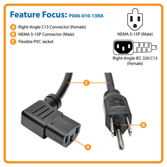 Tripp-Lite P006-010-13RA Computer Power Cord, NEMA 5-15P to Right-Angle C13 - 10A, 125V, 18 AWG, 10ft