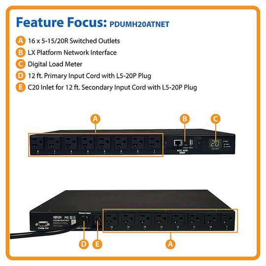Tripp-Lite PDUMH20ATNET 1.9kW Single-Phase ATS / Switched PDU with LX Platform Interface