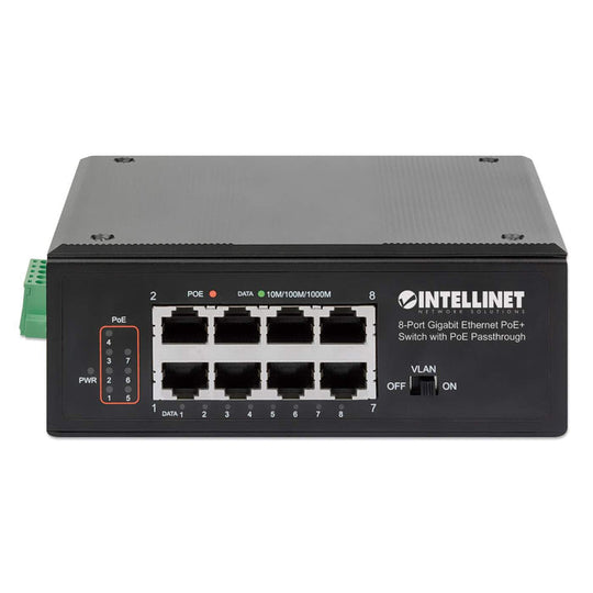 Intellinet PoE-Powered 8-Port Gigabit Ethernet PoE+ Industrial Switch with PoE Passthrough, 561624