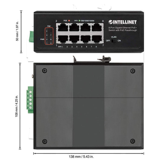 Intellinet PoE-Powered 8-Port Gigabit Ethernet PoE+ Industrial Switch with PoE Passthrough, 561624