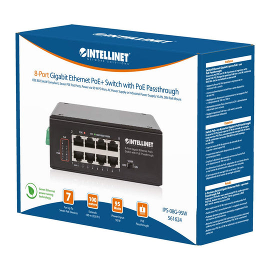 Intellinet PoE-Powered 8-Port Gigabit Ethernet PoE+ Industrial Switch with PoE Passthrough, 561624