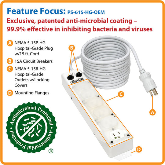Tripp-Lite PS-615-HG-OEM UL 1363A Medical-Grade Power Strip; 6 15A Hospital-Grade Outlets