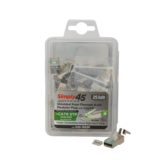 Simply45 ProSeries Cat6 Shielded External Ground Pass-Through RJ45 Modular Plugs with Bar45™ & Cap45® - 25 Pack