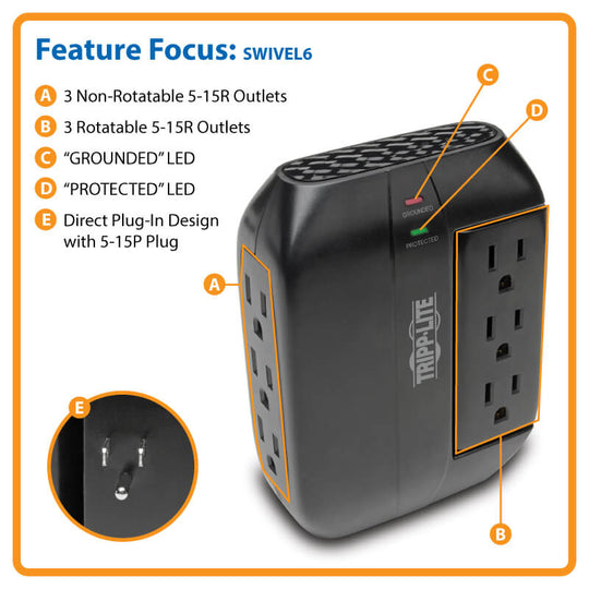 Tripp-Lite Protect It! Surge Protector with 3 Rotatable Outlets, 3 Stationary, side facing Outlets, Direct-Plug In, 1200 Joules