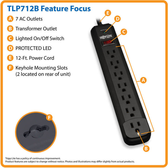 Tripp-Lite TLP712B Protect It! 7-Outlet Surge Protector, 12 ft. Cord