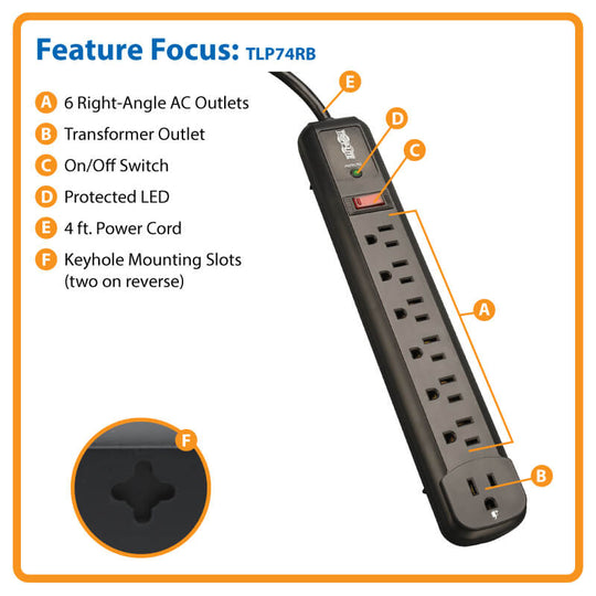 Tripp-Lite TLP74RB Protect It! 7-Outlet Surge Protector, 4ft Cord