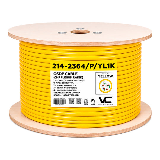 Vertial Cable OSDP Cable, 22/2 Shielded + 18/2 + 18/4 + 22/4 + 22/2, Plenum-Rated (CMP), Stranded Copper - 1000ft Spool Yellow