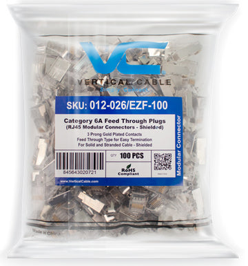 Vertical Cable Cat6/Cat6A Shielded RJ45 Feed-Through Plug for Solid and Stranded Cable, 100 Pack