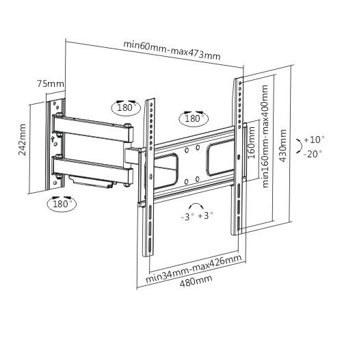 Rhino Brackets Articulating Curved and Flat Panel Single Stud TV Wall Mount w/ In-Wall Wire Hider Kit for 32-55 Inch Screens
