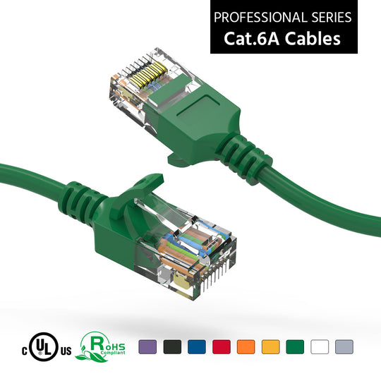 Cat6A Slim Ethernet Patch Cable, 28AWG, Snagless Boot - Green