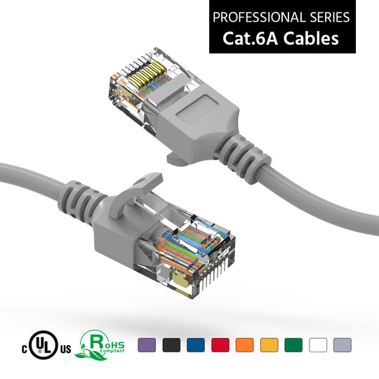 Cat6A Slim Ethernet Patch Cable, 28AWG, Snagless Boot - Gray