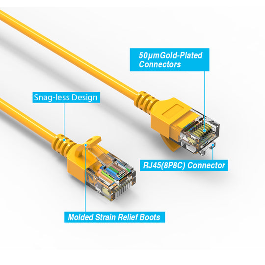 Cat6A Slim Ethernet Patch Cable, 28AWG, Snagless Boot - Yellow