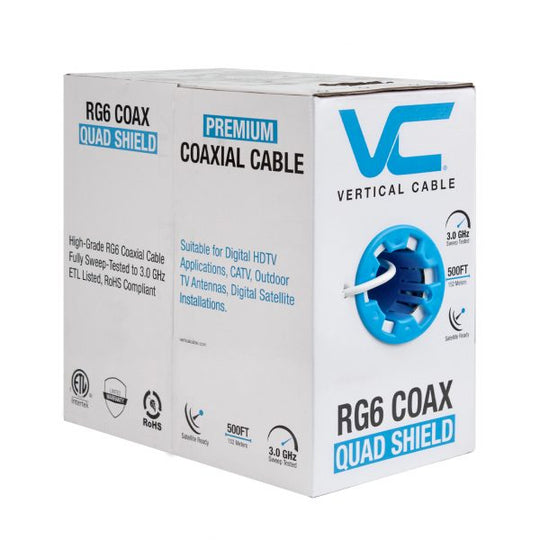 Vertical Cable 107-1955WH6Q500 500ft RG6 Quad Shield Coaxial Cable - White