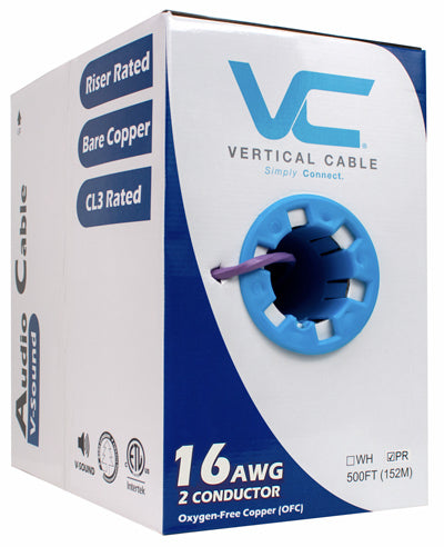 Vertical Cable 500ft 16 Gauge In-Wall Speaker Wire, CL3, 16/2 - Purple