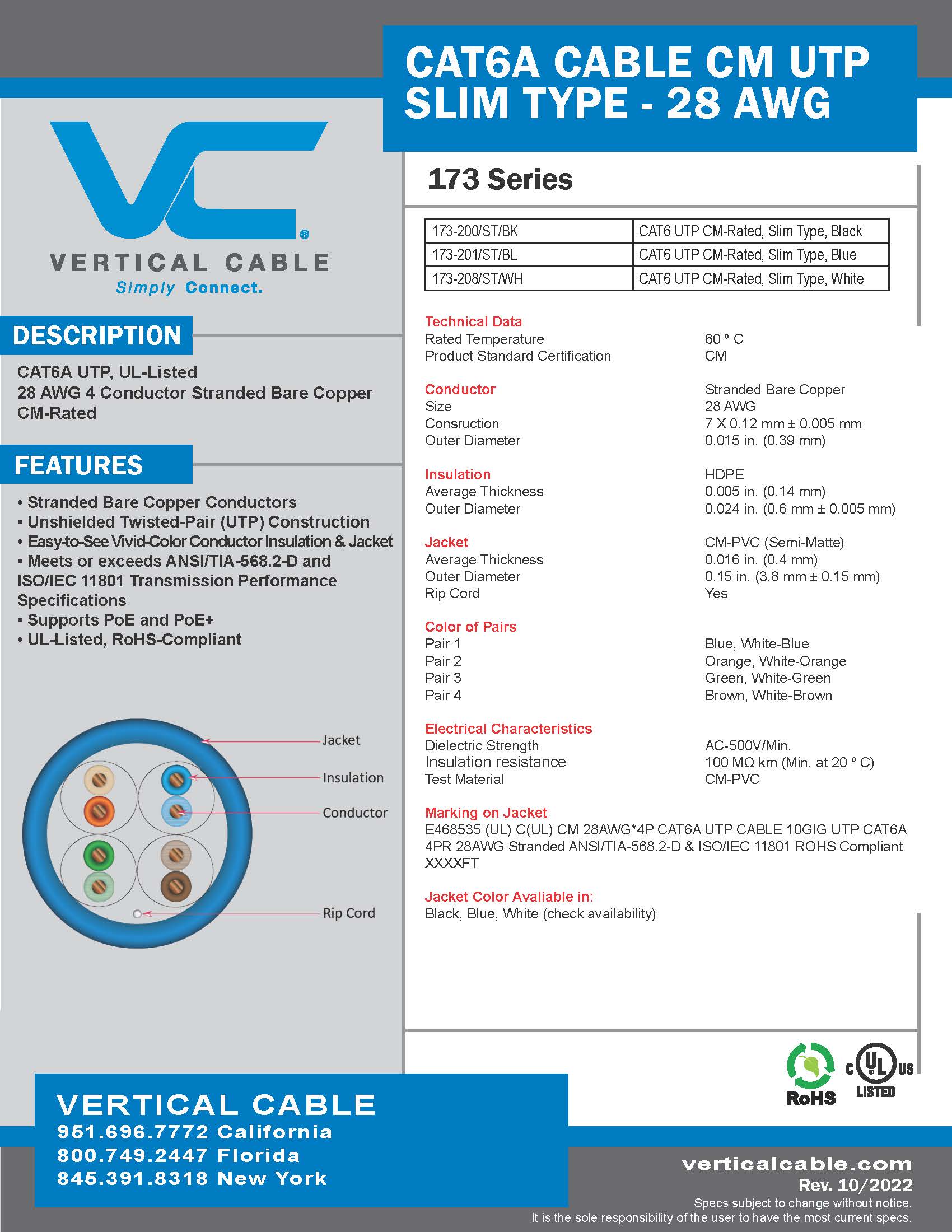 Vertical Cable Cat6A CM UTP SLIM TYPE 28AWG Stranded – FireFold
