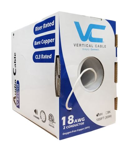 Vertical Cable 18 Gauge In-Wall Speaker Wire - CL3 18/2, White - 1000ft