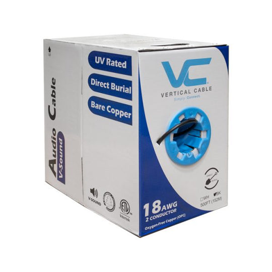 Vertical Cable 500ft 18 Gauge Outdoor Speaker Wire - PVC CL2 18/2, Black