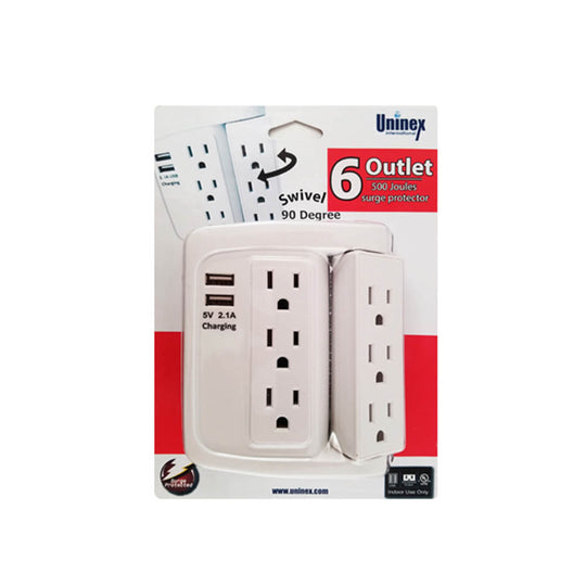 6 Outlet Swivel Wall Tap Adapter w/ 500J Surge Protector and 2 USB Charging Ports (2.1)