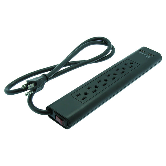 4Ft 6-Outlet Surge Protector 14/3 AWG 300J w/ 2 USB Charging Ports Black