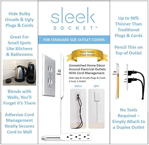 Sleek Socket Ultra-Thin Electrical Outlet Cover with 3 Outlet Power Strip and Cord Management Kit