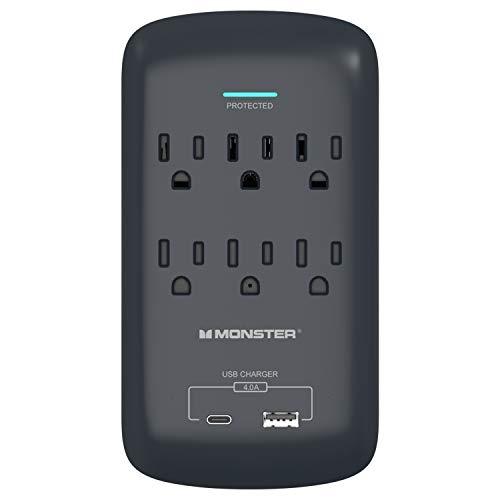 Monster Power Wall Tap Surge Protector, 6 AC, 1 USB-C, 1 USB-A