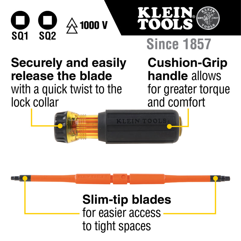 Klein Tools Flip-Blade Insulated Screwdriver, 2-in-1, Square Bit #1 and #2, 32287