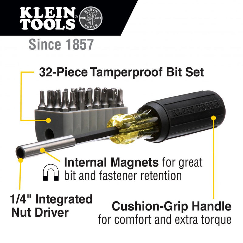 Klein Tools 32510 Non-Racheting Magnetic Screwdriver w/ 32-Piece Tamperproof Bit Set