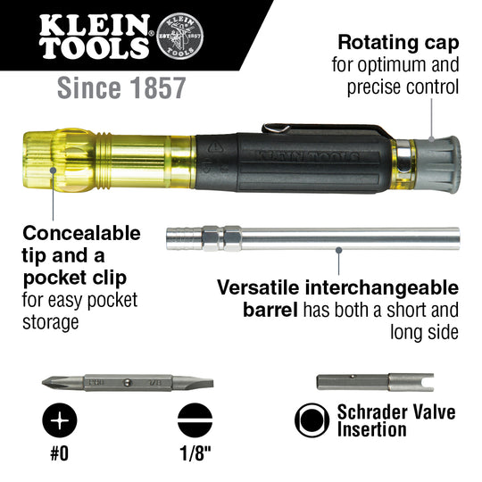 Klein Tools HVAC Pocket Screwdriver, 3-in-1, Phillips, Slotted, Schrader Bits, 32613
