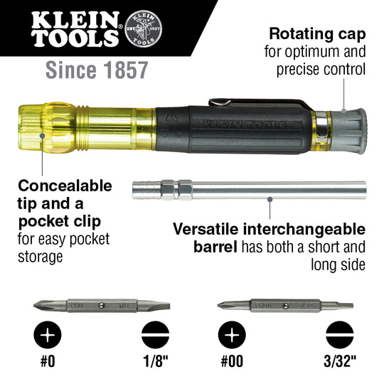 Klein Tools Multi-Bit Electronics Pocket Screwdriver, 4-in-1, Ph, Sl Bits, 32614
