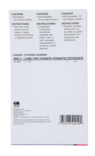 Gardner Bender Pocket Pack Wire Markers (numbers 1-45), 42-029