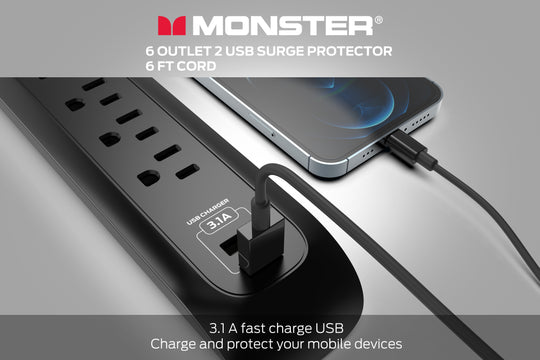 Monster Power Strip Surge Protector, 6 AC, 2 USB-A, 6 ft