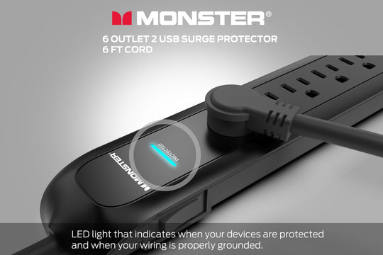Monster Power Strip Surge Protector, 6 AC, 2 USB-A, 6 ft