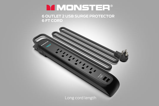 Monster Power Strip Surge Protector, 6 AC, 2 USB-A, 6 ft