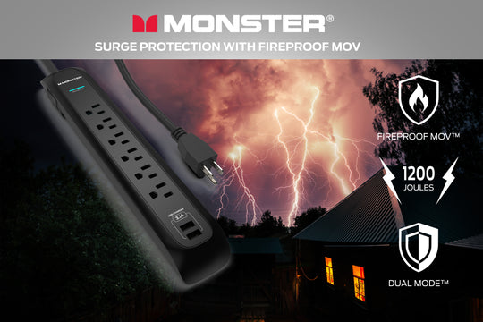 Monster Power Strip Surge Protector, 6 AC, 2 USB-A, 6 ft