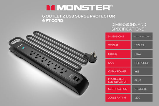 Monster Power Strip Surge Protector, 6 AC, 2 USB-A, 6 ft