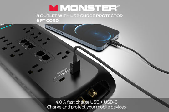 Monster Power Strip Surge Protector, 8 AC, 1 USB-C, 1 USB-A, 6 ft