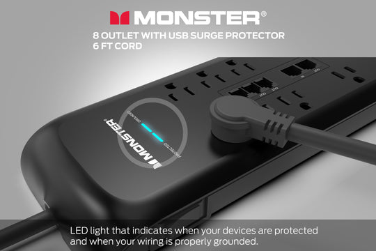 Monster Power Strip Surge Protector, 8 AC, 1 USB-C, 1 USB-A, 6 ft