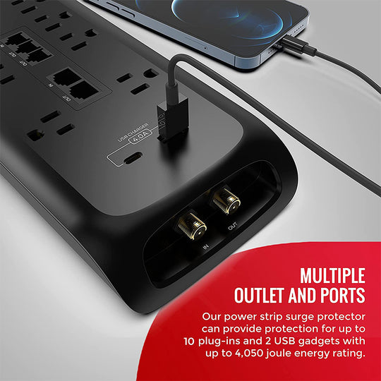 Monster Power Strip Surge Protector, 10 AC, 1 USB-C, 1 USB-A, 6 ft