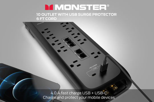 Monster Power Strip Surge Protector, 10 AC, 1 USB-C, 1 USB-A, 6 ft
