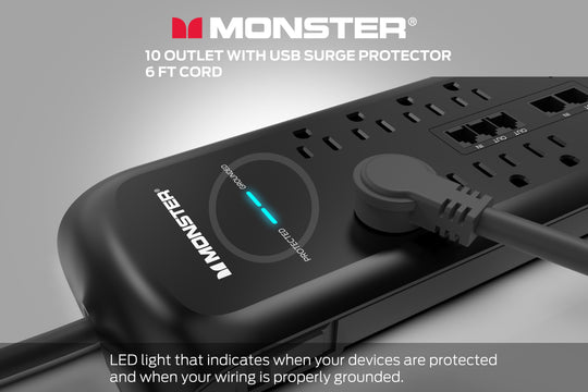 Monster Power Strip Surge Protector, 10 AC, 1 USB-C, 1 USB-A, 6 ft