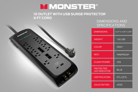 Monster Power Strip Surge Protector, 10 AC, 1 USB-C, 1 USB-A, 6 ft
