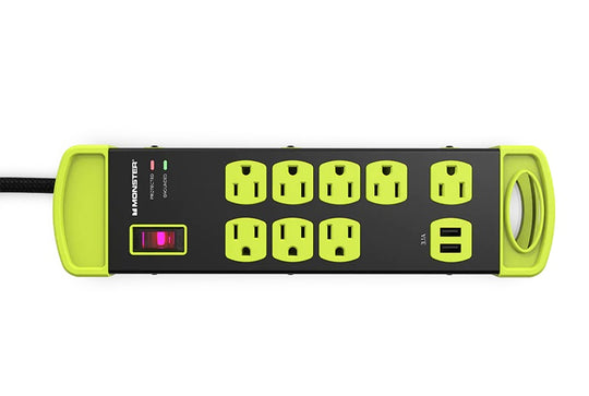 Monster Power Heavy Duty Power Strip Surge Protector, 8 AC, 2 USB-A, 15ft
