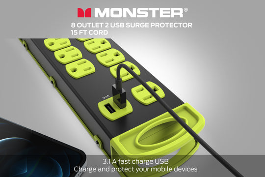 Monster Power Heavy Duty Power Strip Surge Protector, 8 AC, 2 USB-A, 15ft