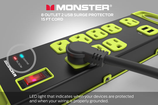 Monster Power Heavy Duty Power Strip Surge Protector, 8 AC, 2 USB-A, 15ft